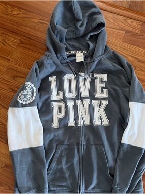 PINK Victoria's Secret LOVE PINK Gray & White Zip Hoodie